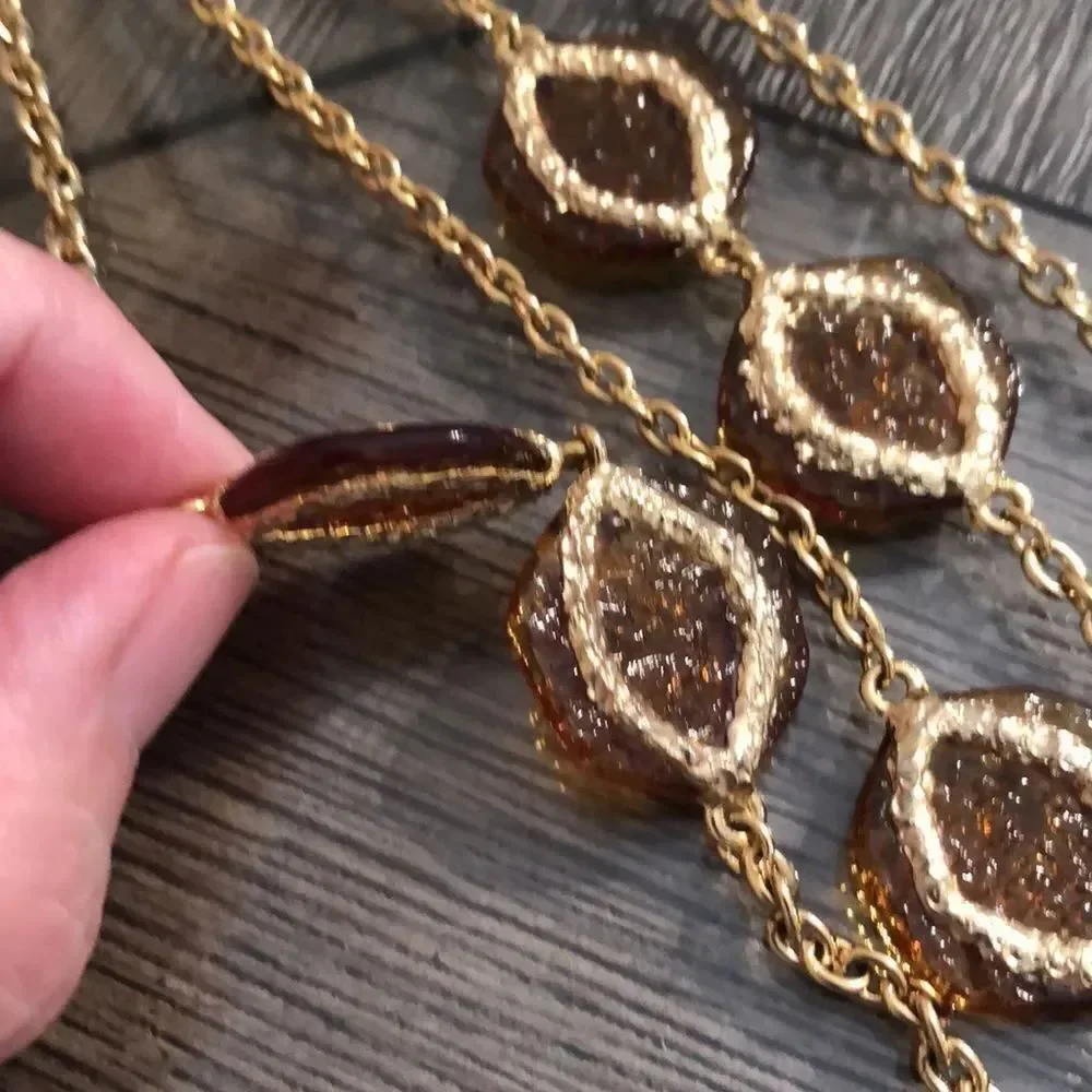 Vintage Station Necklace Amber Acrylic Accents